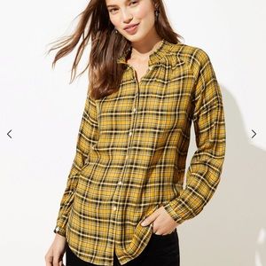 LOFT Petite Plaid Smocked Neck Blouse